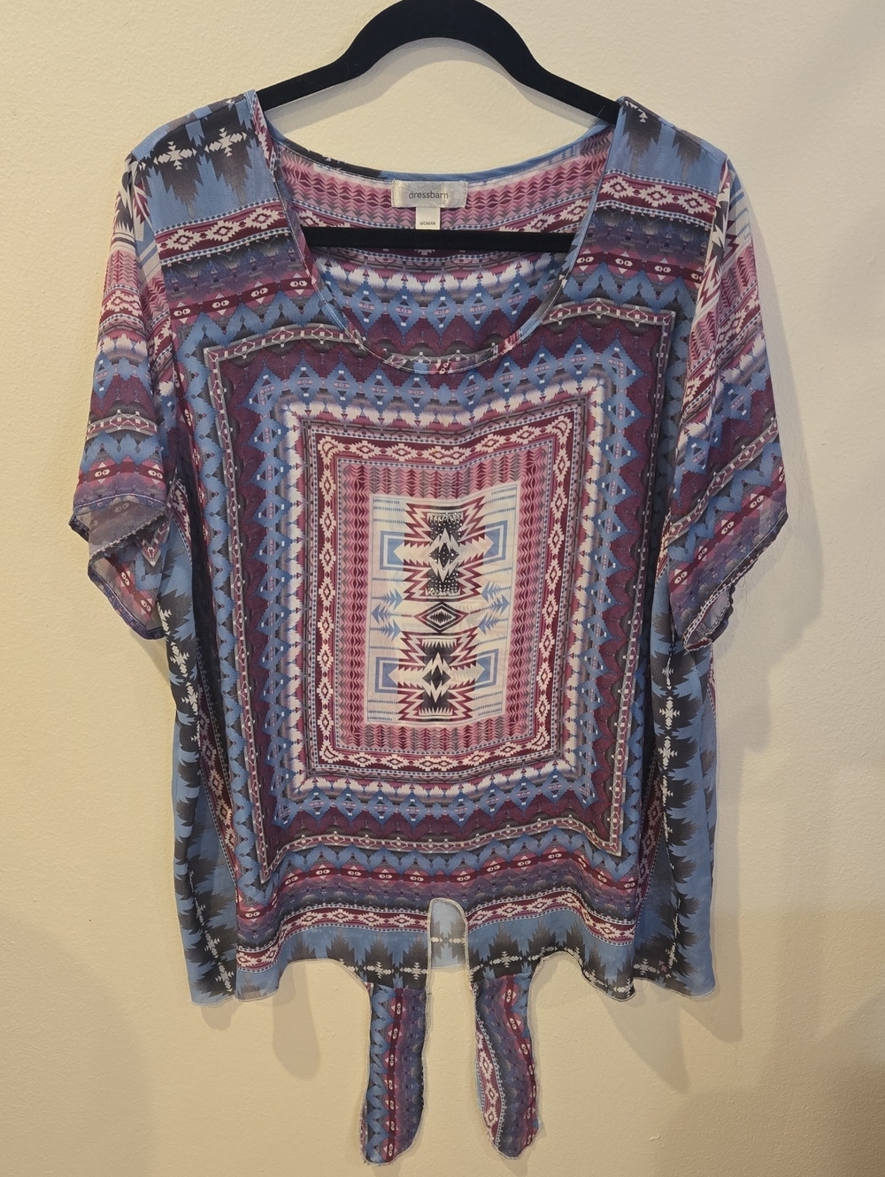 dressbarn Blue & Purple Aztec Tie-Front Short Sleeve Top
